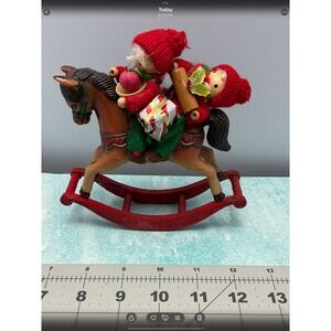 Vintage Christmas Rocking Horse Ornament‎ Two Gnomes Gift Present Holiday Decor